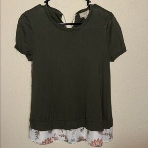 LOFT Olive Short Sleeve Knit Top with Floral Hem